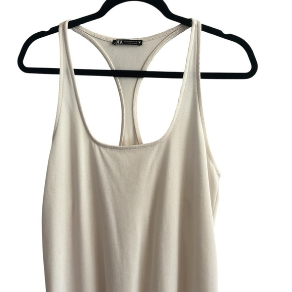 Zara Cream Textured Weave Racerback Tank Curved Raw Hem Midi Dress Size M - Picture 3 of 9